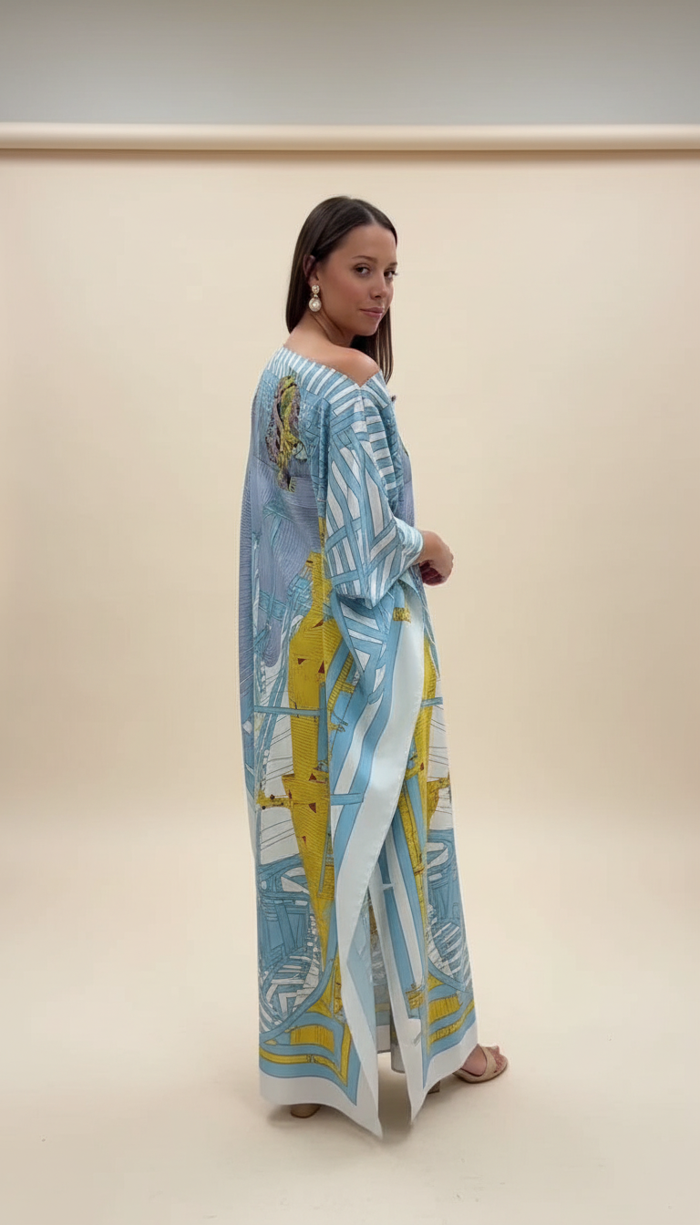 Blue Abstract Print Silk Asymmetric Neckline Kaftan Dress product image 5