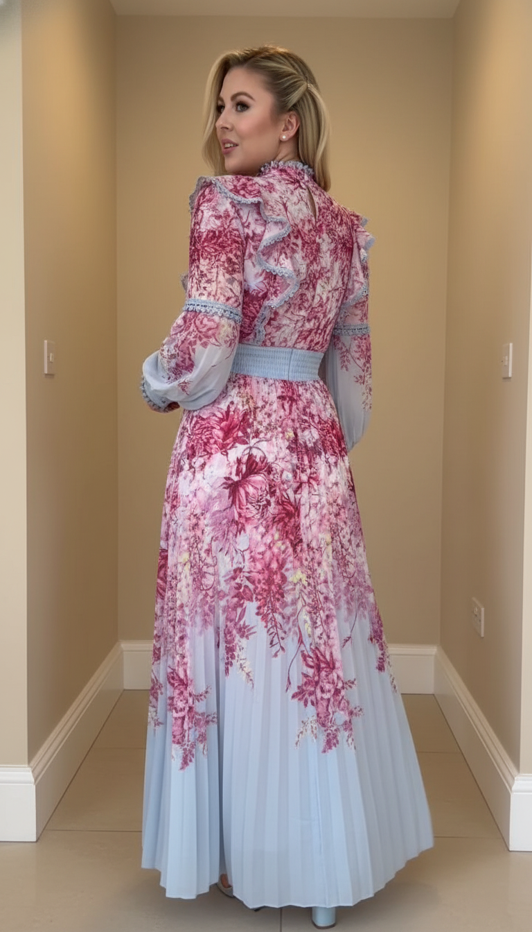 Pink Floral Ruffle Pleated Maxi Dress product image 5