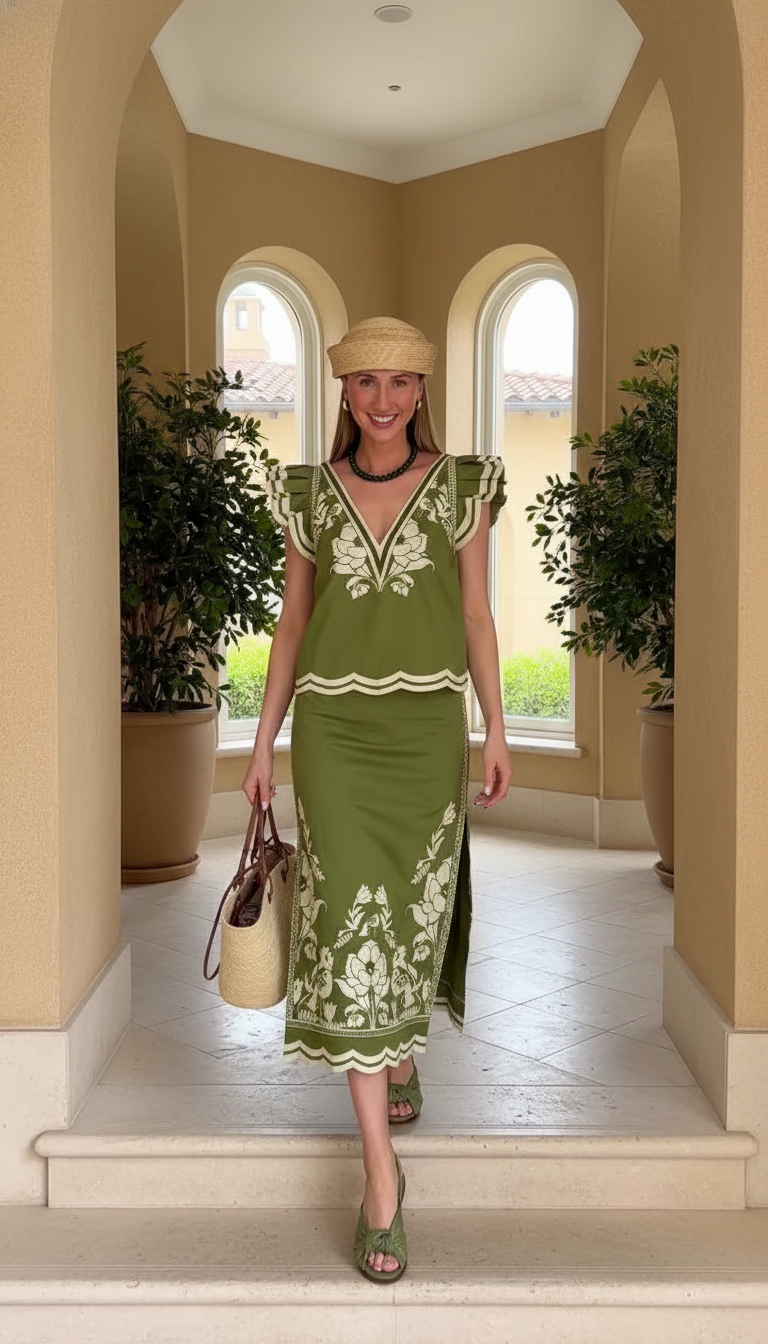 Green Floral V-Neck Ruffle Skirt Set product image 5