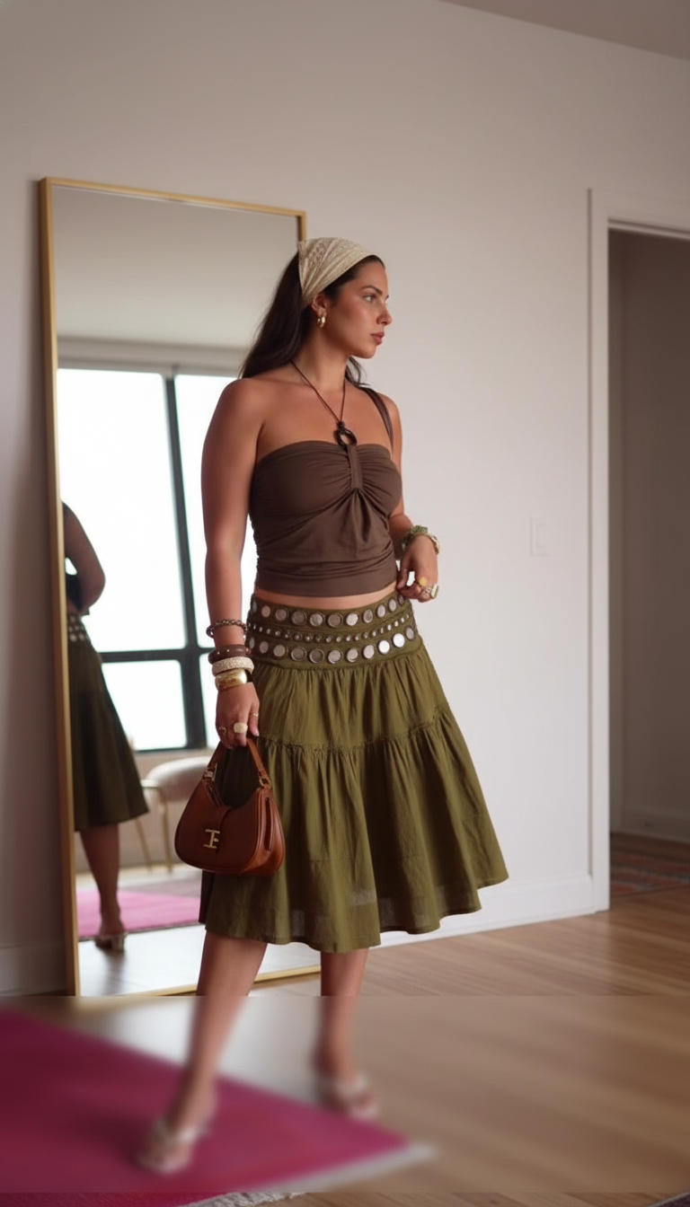 Olive Tiered Tiered Design Eyelet Belt Skirt Set product image 5