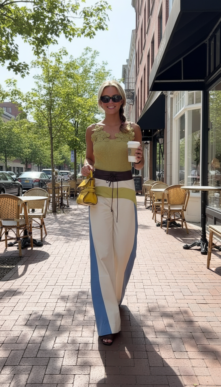 Cream Color-Block Print Lace Wide-Leg Pant Set product image 5