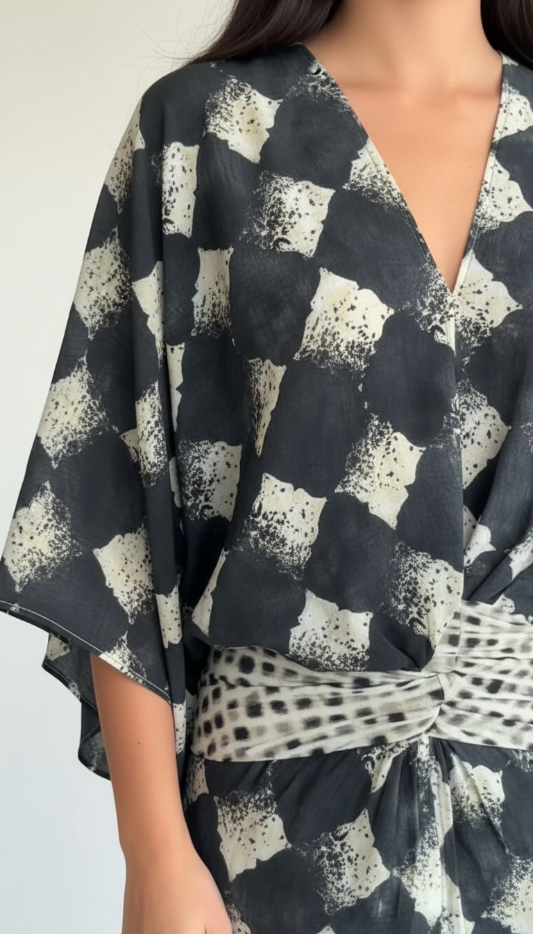 Black Geometric Print V-Neck Belted Kaftan Dress product image 5