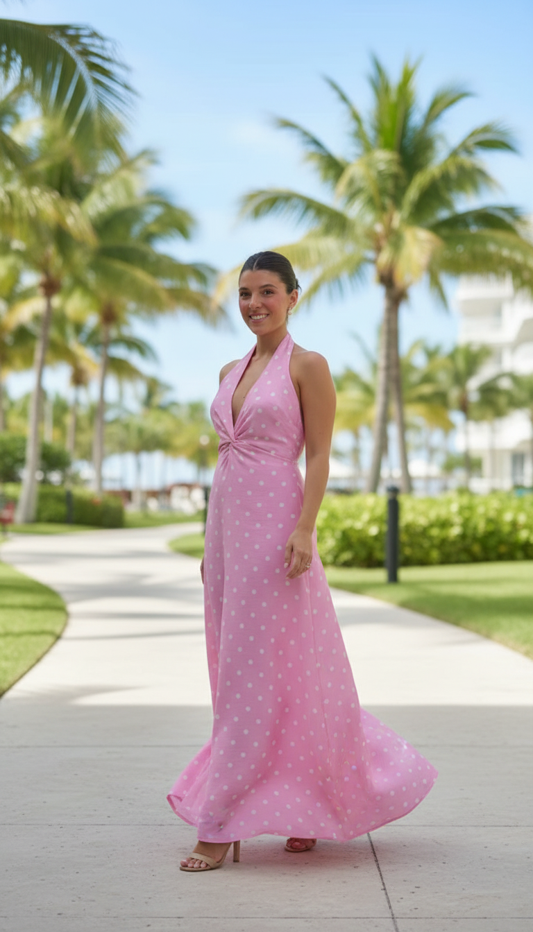 Pink Polka Dot Print Halter Twist Front Maxi Dress product image 5