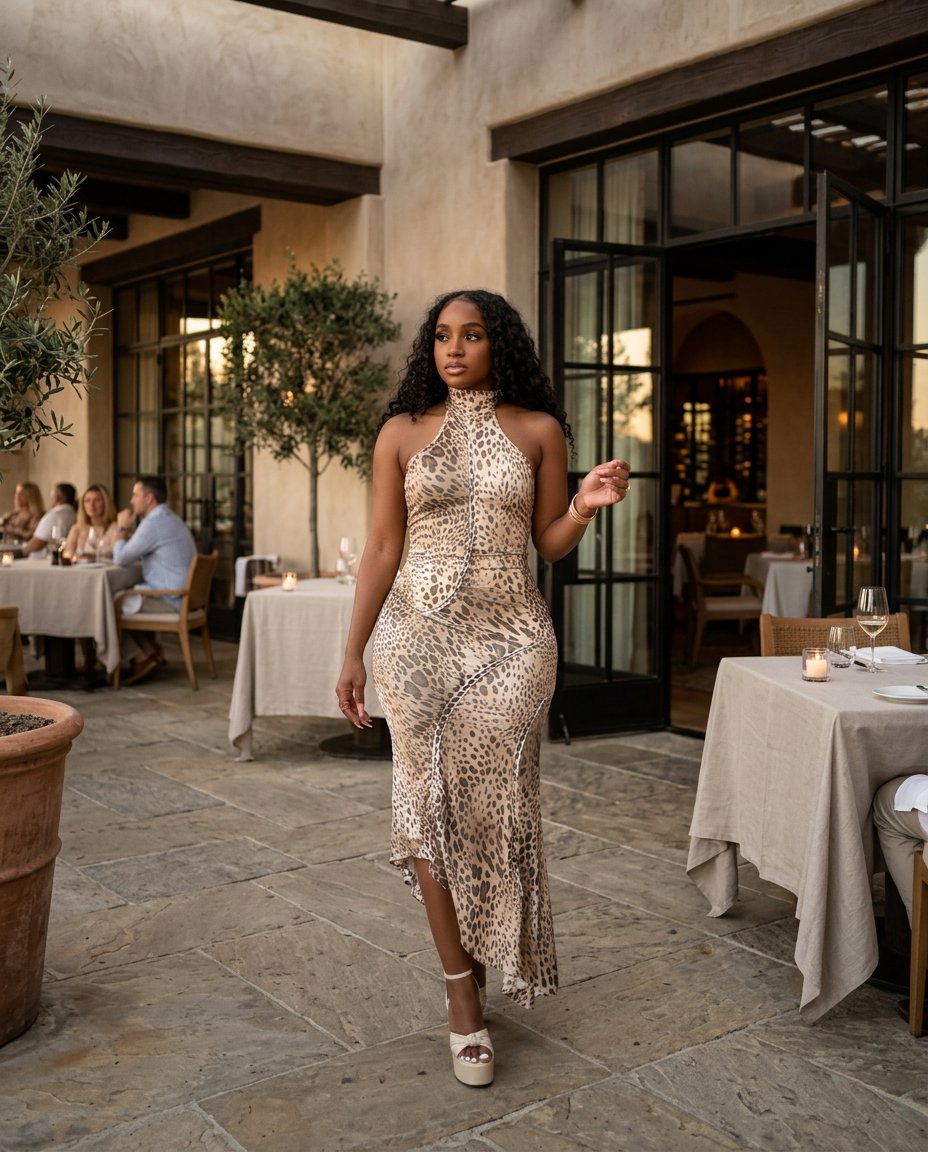 Sand Muse Wedding Guest Animal Print Midi Dress Sand Midi Dress with Asymmetric silhouette and Satin texture, editorial ecommerce scene for Wedding Guest, a fall city dinner, Fall current summer selling first with a light late-summer/pre-fall accent: make by Massicos
