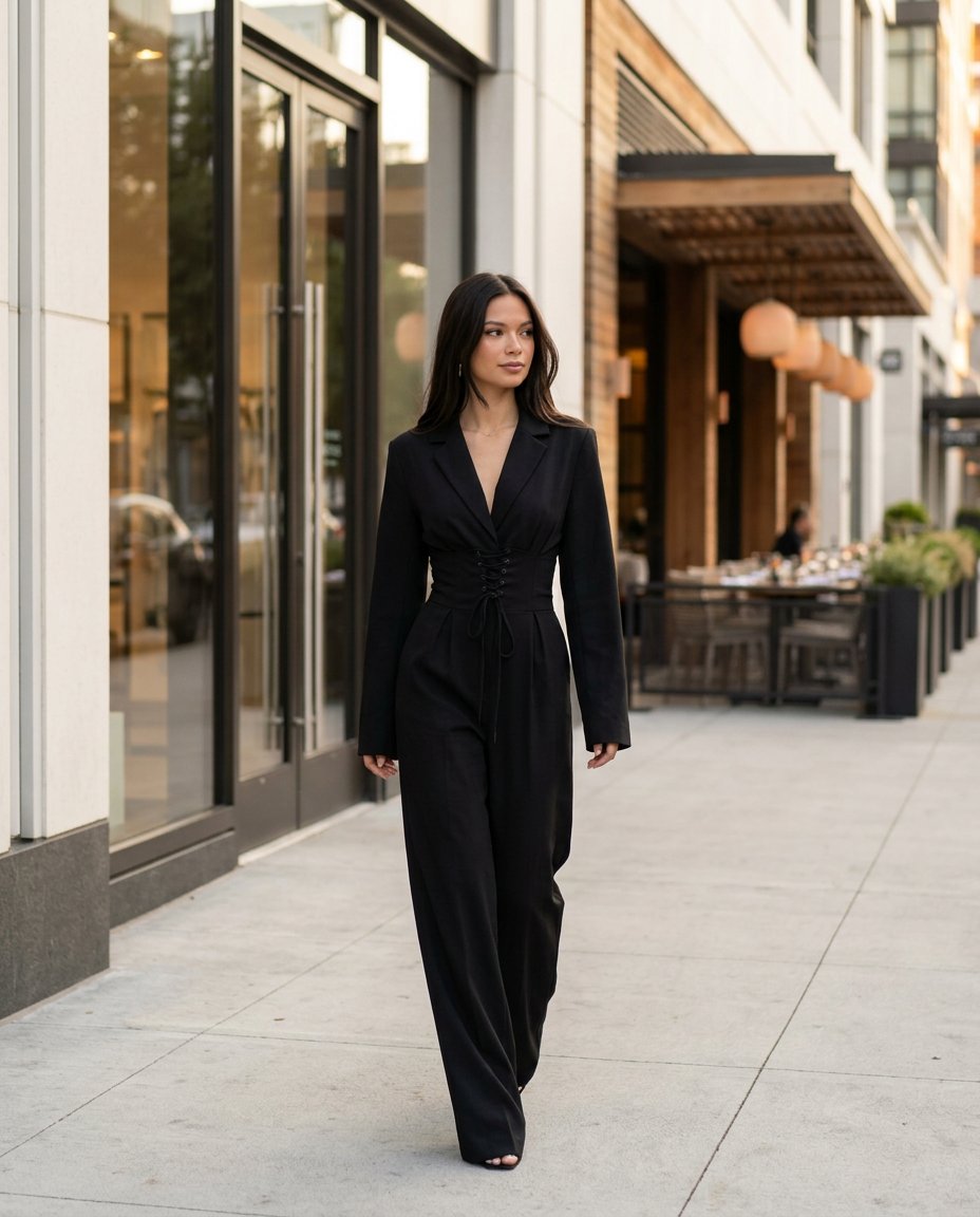 Black Bloom Wedding Guest Textured Jumpsuit Black Jumpsuit with Wide-Leg silhouette and Textured texture, editorial ecommerce scene for Wedding Guest, a cafe plan, Fall current summer selling first with a light late-summer/pre-fall accent: make it wearabl by Massicos