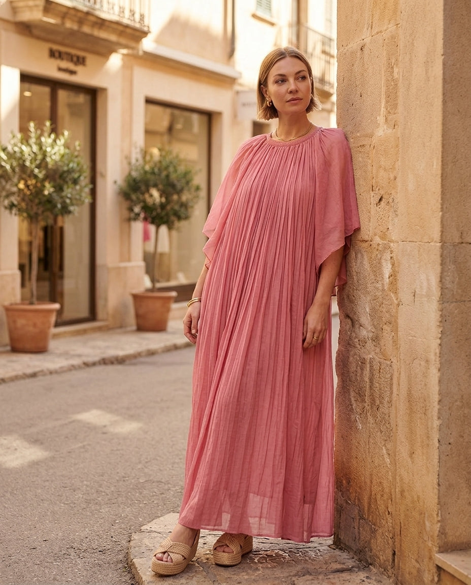 Pink Bloom Summer Pleated Maxi Dress Pink Maxi Dress with Asymmetric silhouette and Textured texture, editorial ecommerce scene for Wedding Guest, a private garden lunch, US East / Hamptons Elite by Massicos