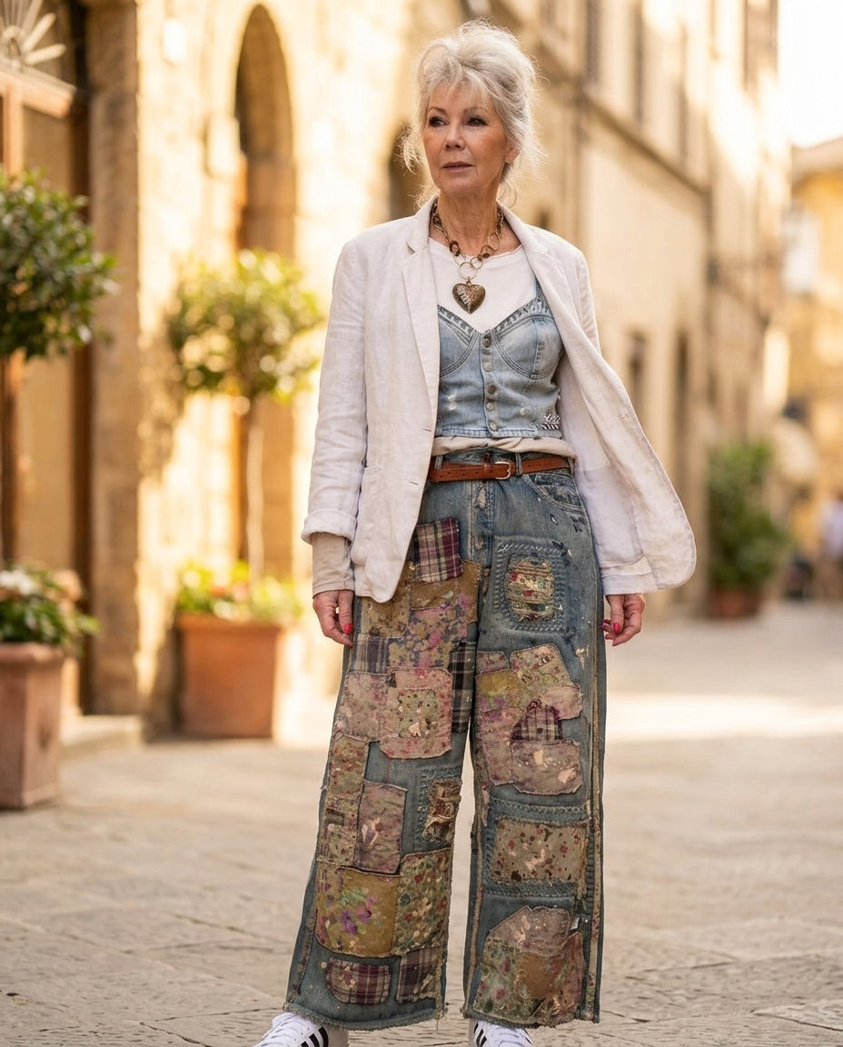 Denim Poise Summer Floral Pants Denim Pants with Wide-Leg silhouette and Textured texture, editorial ecommerce scene for Business Casual, a Palm Springs weekend, US Coastal Glam by Massicos