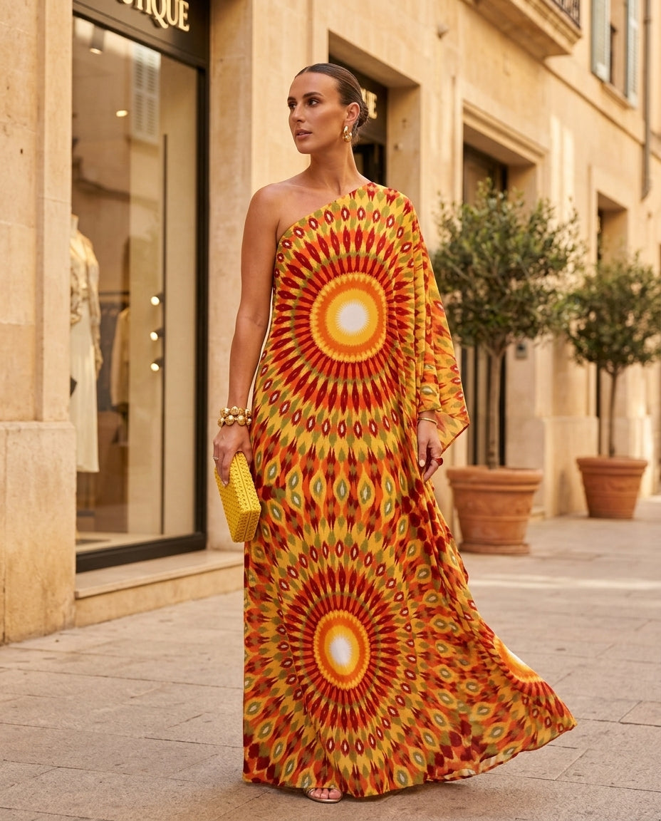 Butter Yellow Reverie Resort Printed Maxi Dress Butter Yellow Maxi Dress with Asymmetric silhouette and Textured texture, editorial ecommerce scene for Resort Wear, a rooftop dinner in LA, US Coastal Glam by Massicos