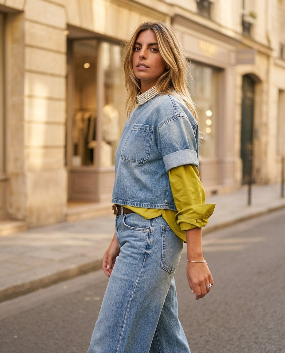 Light Blue Velvet Summer Denim Two-Piece Set Light Blue Two-Piece Set with Cropped silhouette and Textured texture, editorial ecommerce scene for Vacation Set, a private garden lunch, US East / Hamptons Elite by Massicos