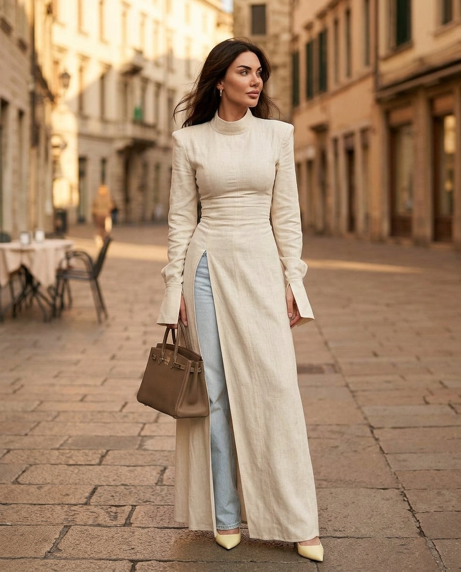 Ivory Allure Textured Maxi Dress Ivory Maxi Dress with Asymmetric silhouette and Textured texture, editorial ecommerce scene for Wedding Guest, a polished coastal brunch, US East / Hamptons Elite by Massicos