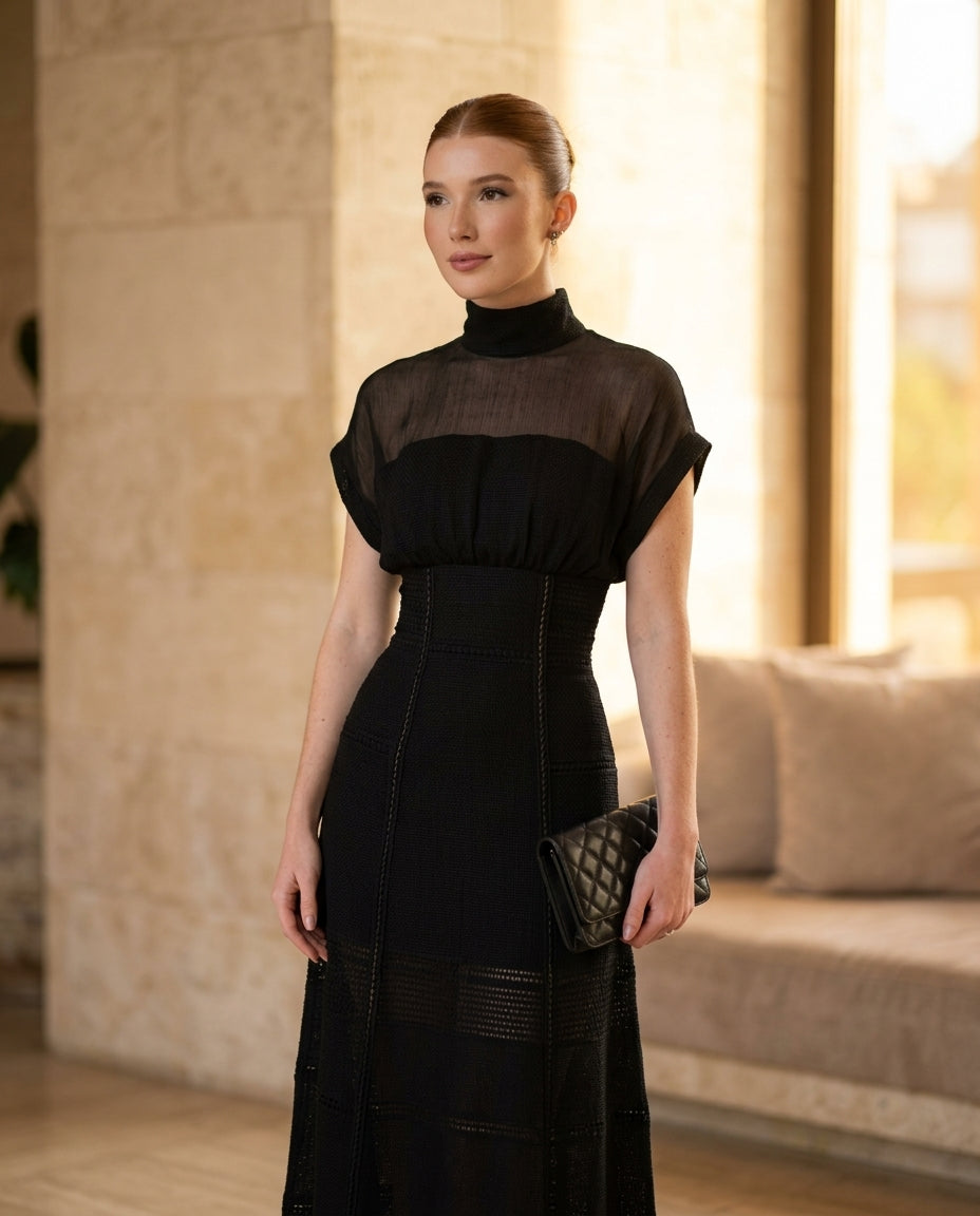 Black Charm Evening Lace Maxi Dress Black Maxi Dress with Asymmetric silhouette and Textured texture, editorial ecommerce scene for Date Night, a Palm Springs weekend, US Coastal Glam by Massicos