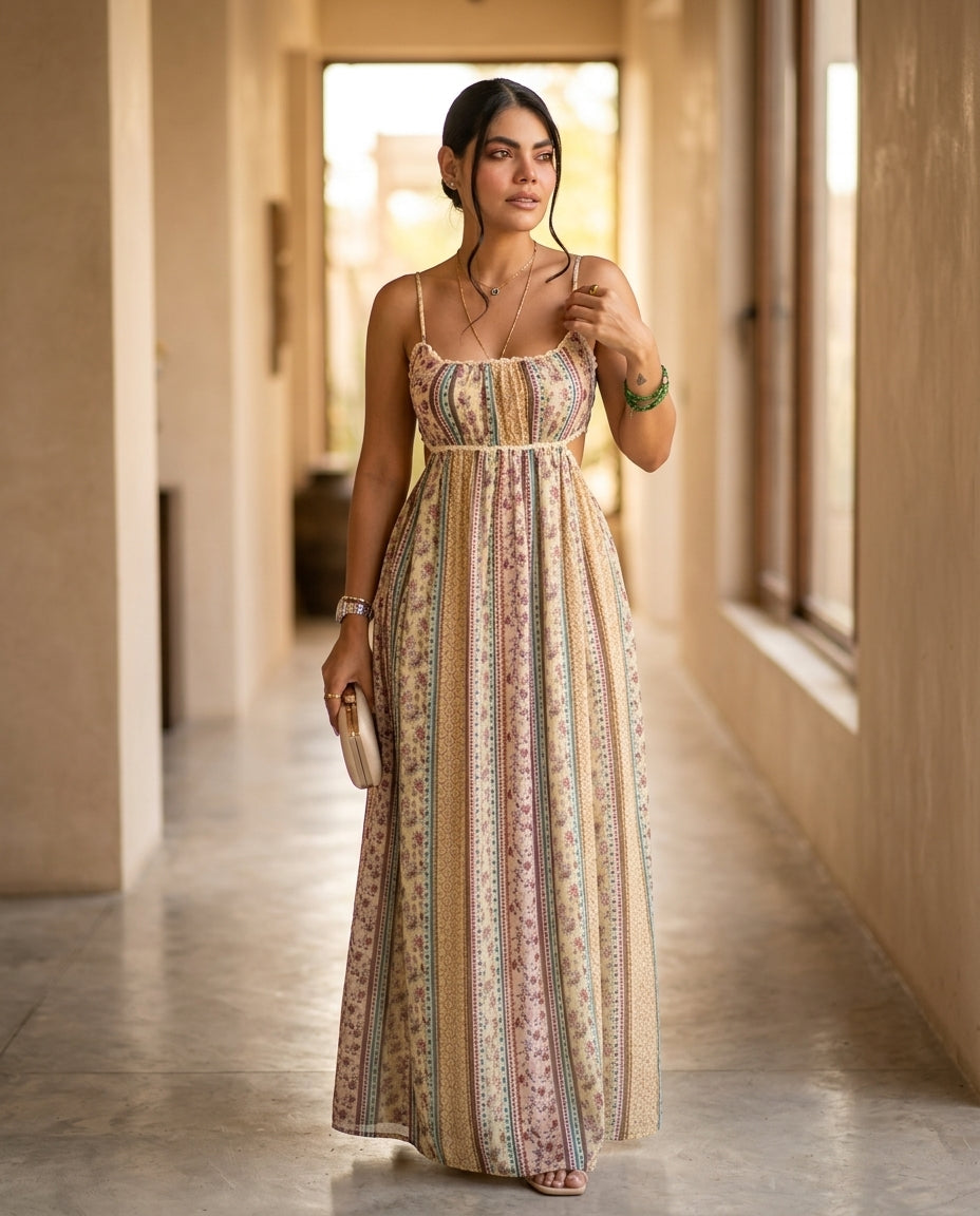 Butter Yellow Allure Resort Floral Maxi Dress Butter Yellow Maxi Dress with Relaxed Fit silhouette and Textured texture, editorial ecommerce scene for Resort Wear, Sunset in Malibu, US Coastal Glam by Massicos