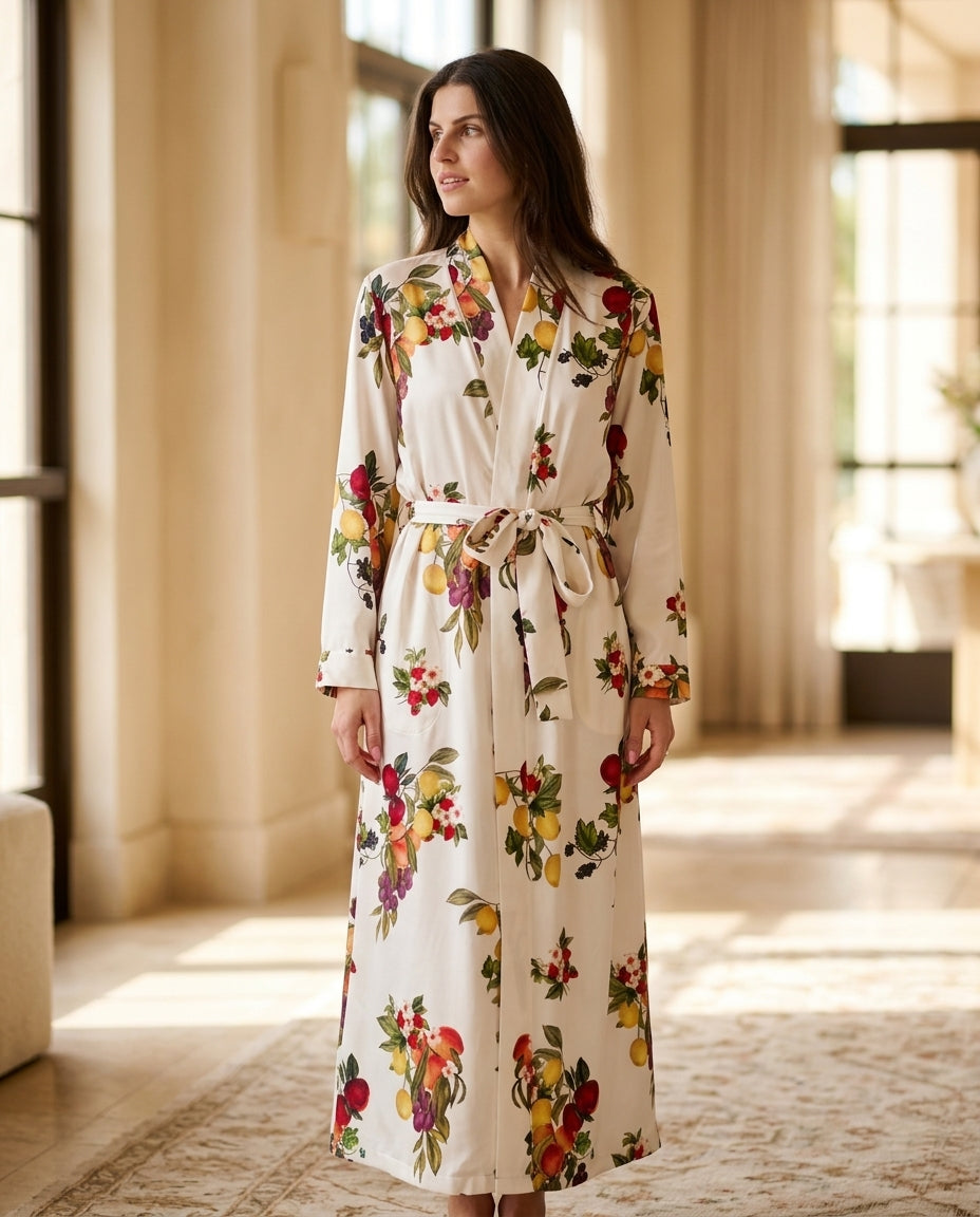 Ivory Aura Resort Printed Jacket Ivory Jacket with Asymmetric silhouette and Satin texture, editorial ecommerce scene for Resort Wear, a London dinner reservation, Euro Chic Premium by Massicos