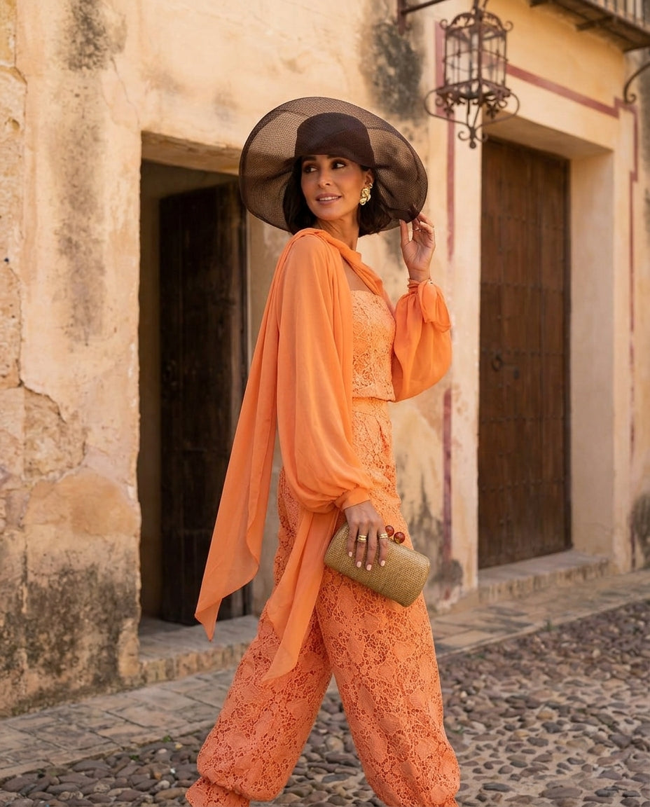 Orange Grace Summer Lace Jacket Orange Jacket with Wide-Leg silhouette and Textured texture, editorial ecommerce scene for Business Casual, Evening in Amalfi, Euro Chic Premium by Massicos