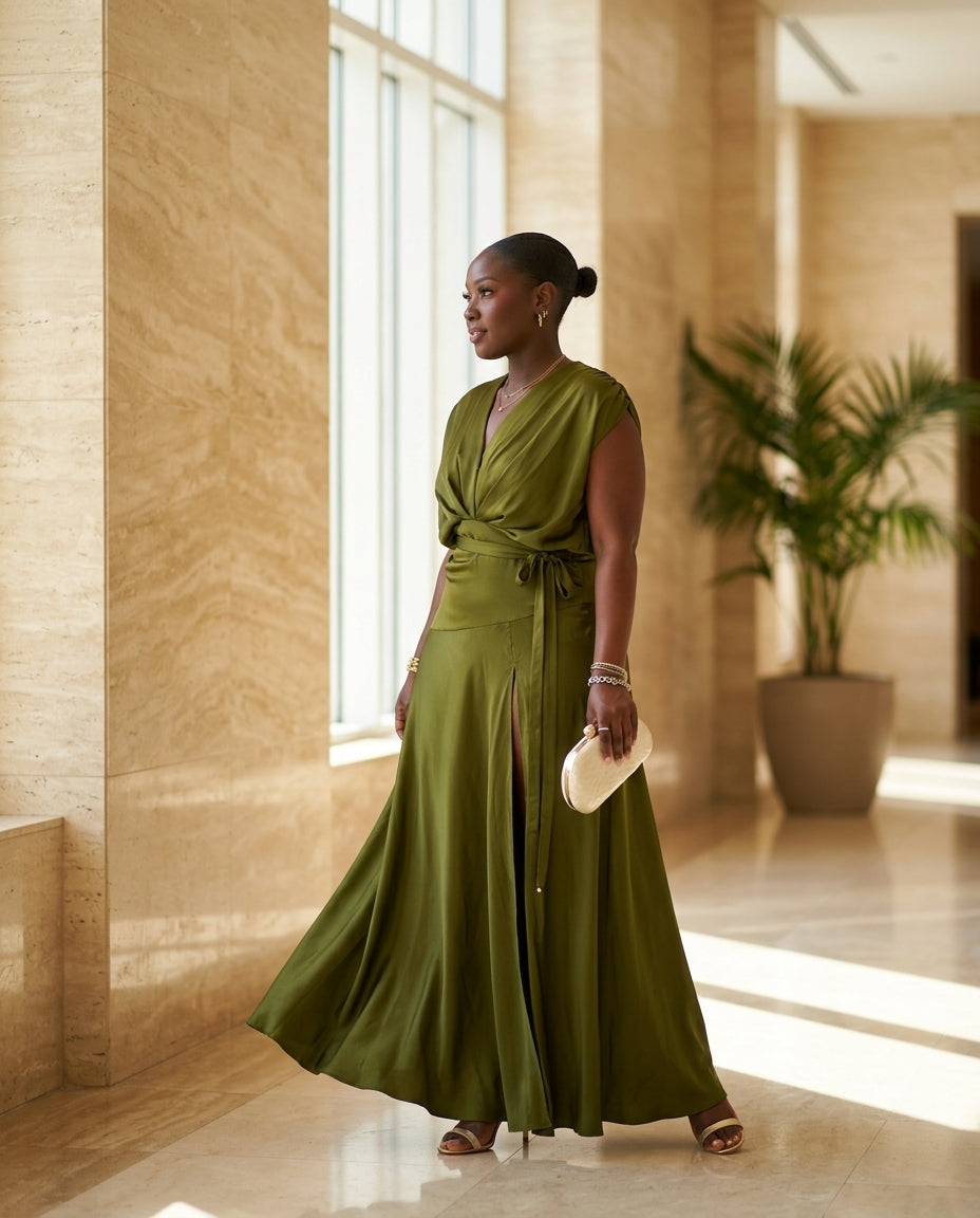Olive Green Grace Summer Satin Maxi Dress Olive Green Maxi Dress with Asymmetric silhouette and Satin texture, editorial ecommerce scene for Resort Dinner, Brunch in SoHo, US Coastal Glam by Massicos