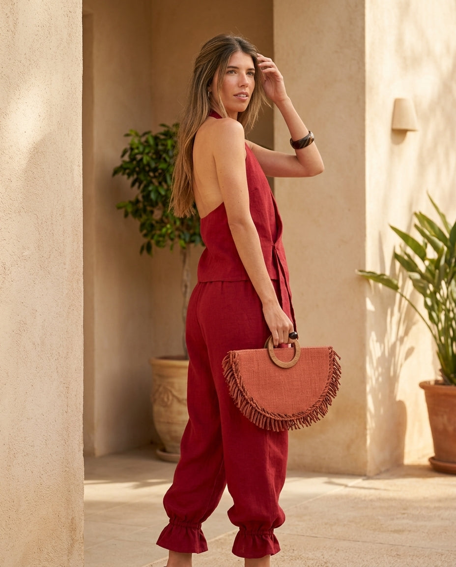 Red Charm Resort Ruffled Pant Set Red Pant Set with Relaxed Fit silhouette and Linen Blend texture, editorial ecommerce scene for Resort Wear, a polished coastal brunch, US East / Hamptons Elite by Massicos