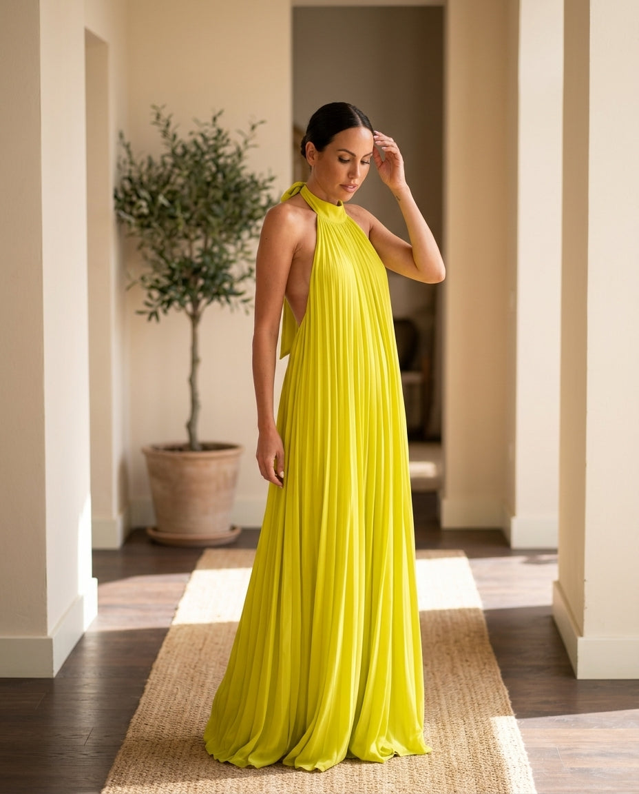 Lime Lustre Resort Printed Maxi Dress Lime Maxi Dress with Asymmetric silhouette and Textured texture, editorial ecommerce scene for Resort Wear, a Palm Springs weekend, US Coastal Glam by Massicos