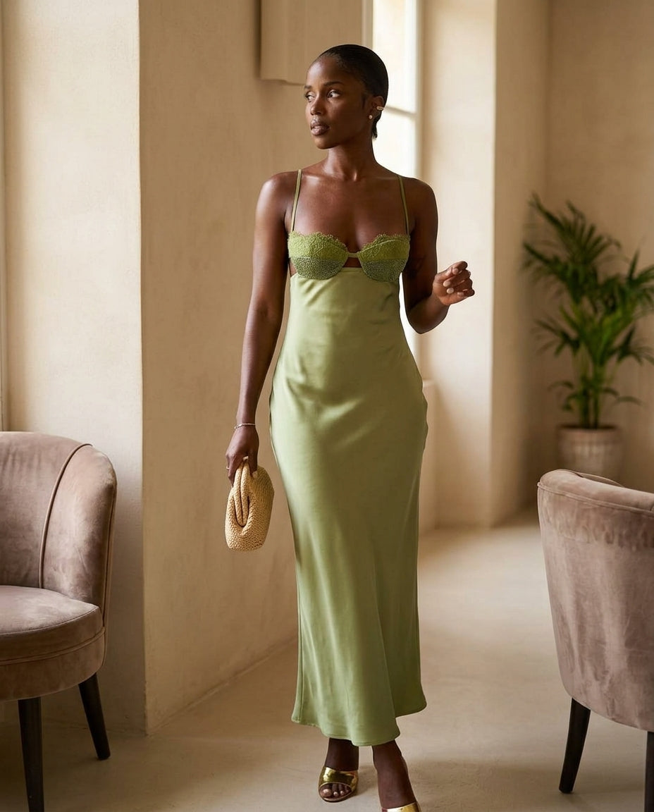 Olive Green Whisper Evening Lace Maxi Dress Olive Green Maxi Dress with Relaxed Fit silhouette and Satin texture, editorial ecommerce scene for Date Night, a Palm Springs weekend, US Coastal Glam by Massicos
