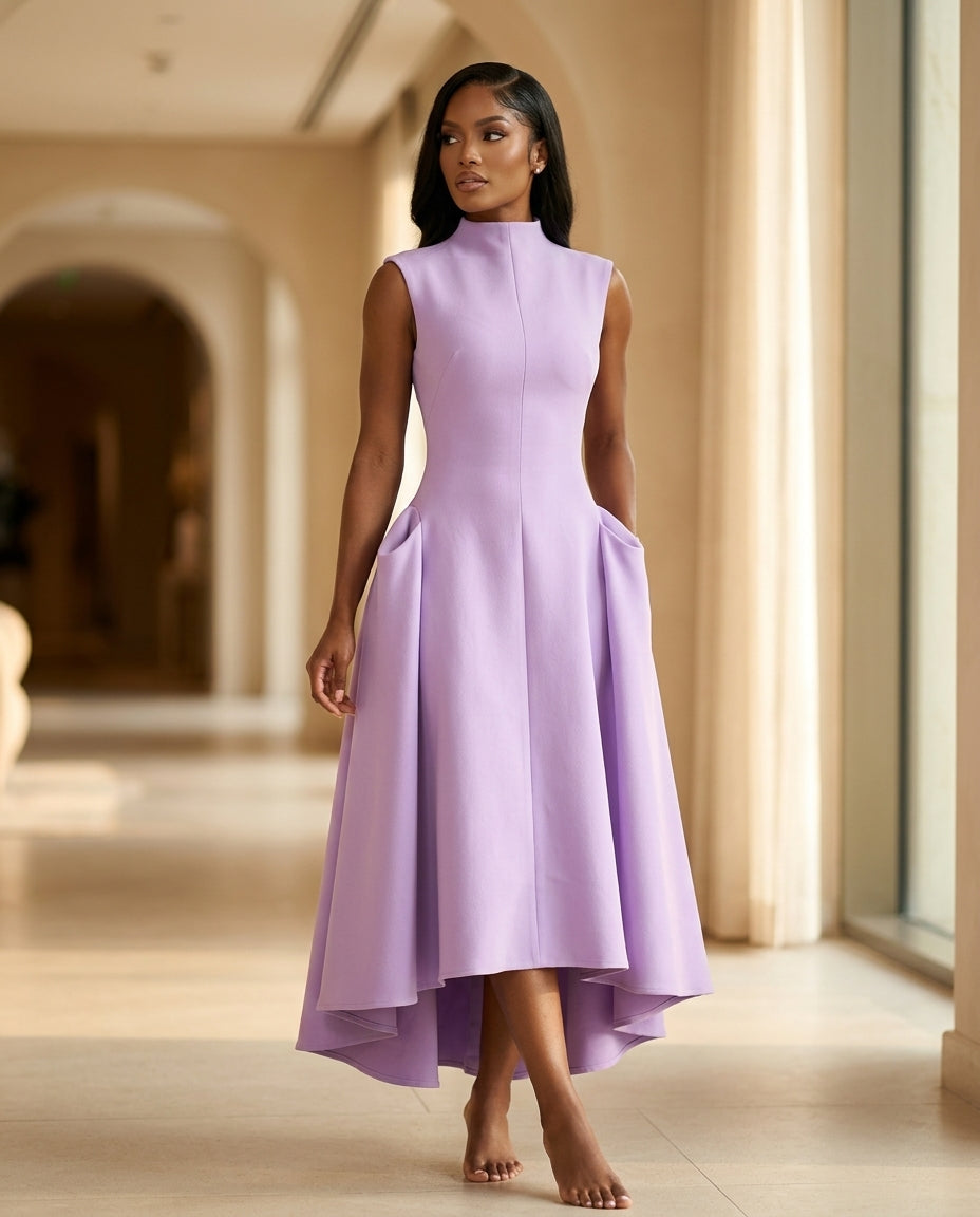 Lavender Gleam Summer Maxi Dress Lavender Maxi Dress with Asymmetric silhouette and Ribbed Knit texture, editorial ecommerce scene for Resort Dinner, Evening in Amalfi, Euro Chic Premium by Massicos