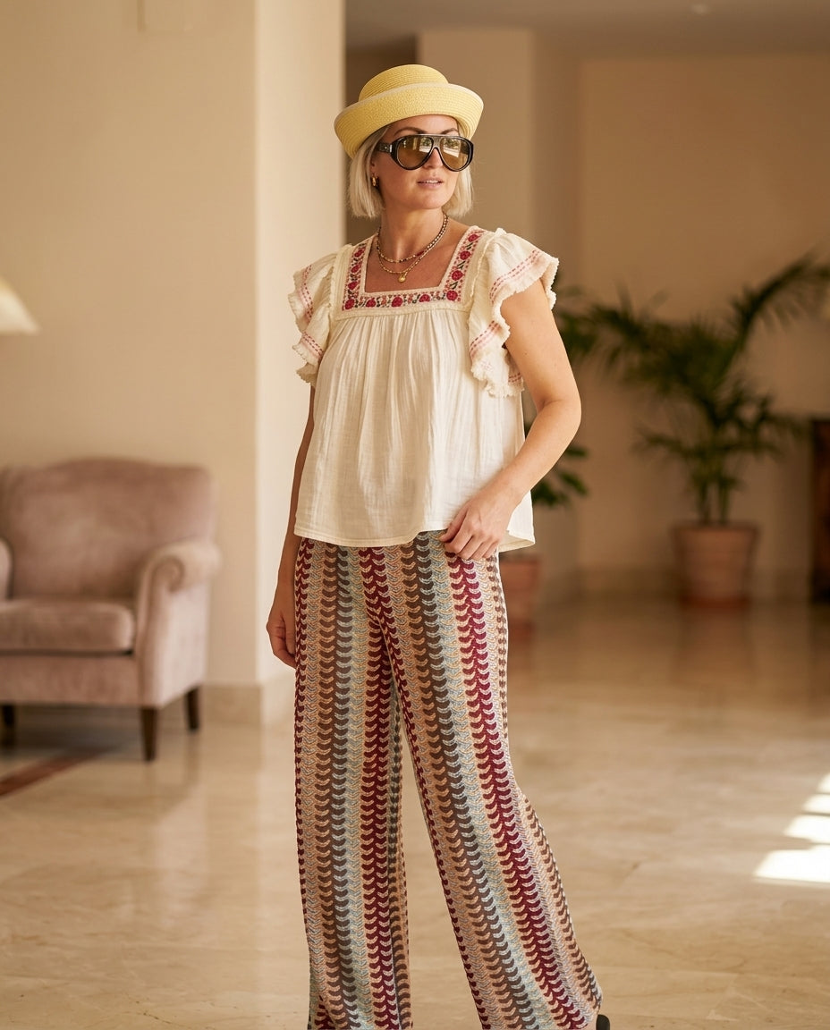 Ivory Bloom Summer Embroidered Two-Piece Set Ivory Two-Piece Set with Asymmetric silhouette and Textured texture, editorial ecommerce scene for Weekend Escape, Brunch in SoHo, US Coastal Glam by Massicos