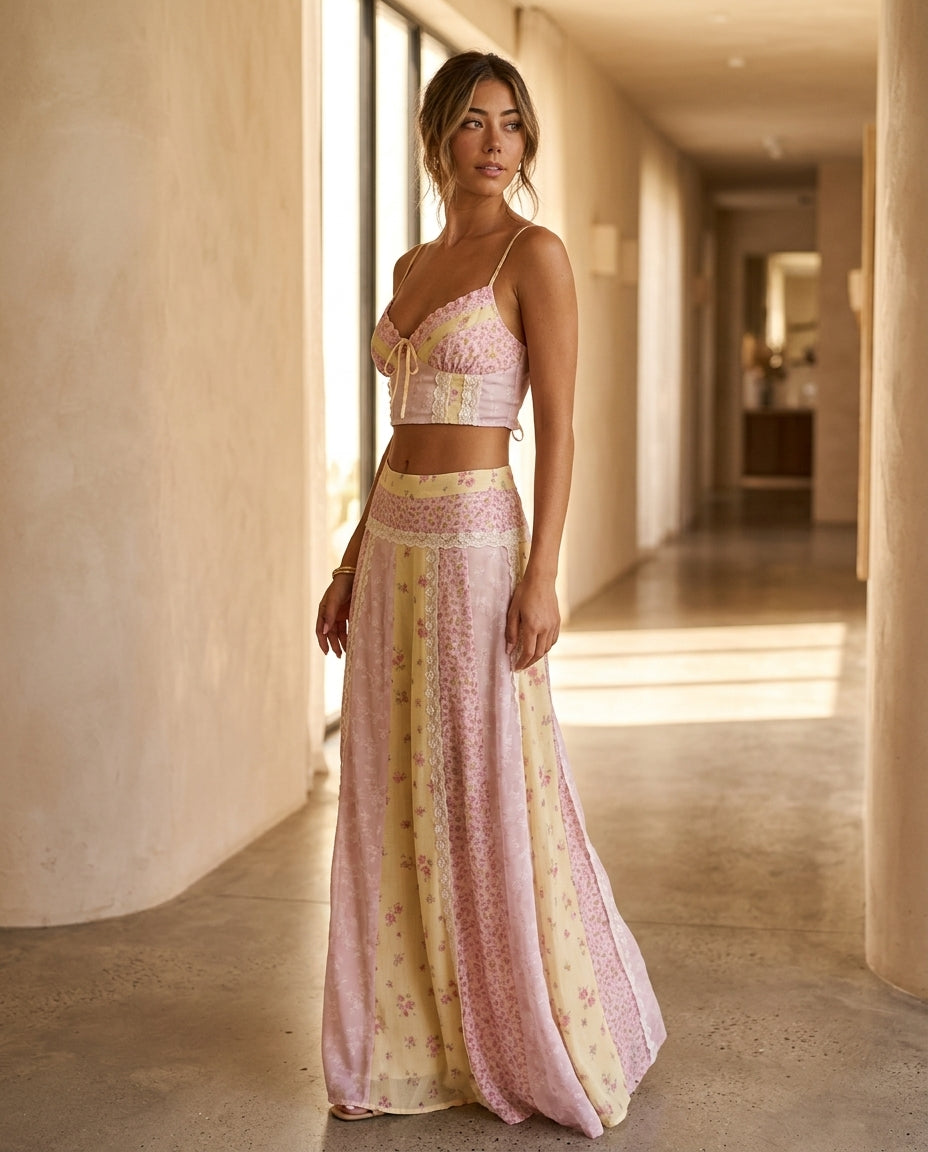 Pink Aura Resort Lace Skirt Set Pink Skirt Set with Asymmetric silhouette and Textured texture, editorial ecommerce scene for Resort Wear, Brunch in SoHo, US Coastal Glam by Massicos