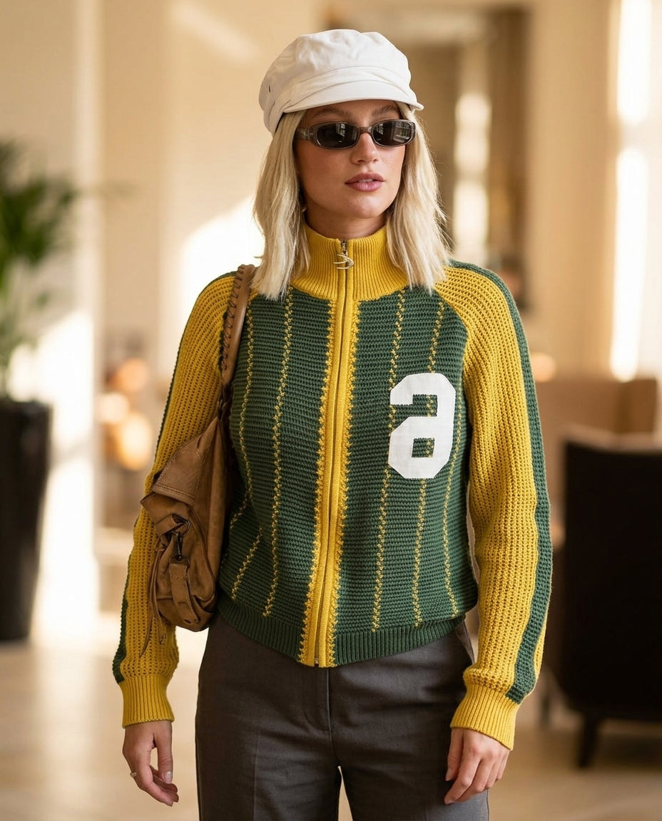 Sage Muse Summer Striped Jacket Sage Jacket with Relaxed Fit silhouette and Ribbed Knit texture, editorial ecommerce scene for Weekend Styling, a polished coastal brunch, US East / Hamptons Elite by Massicos