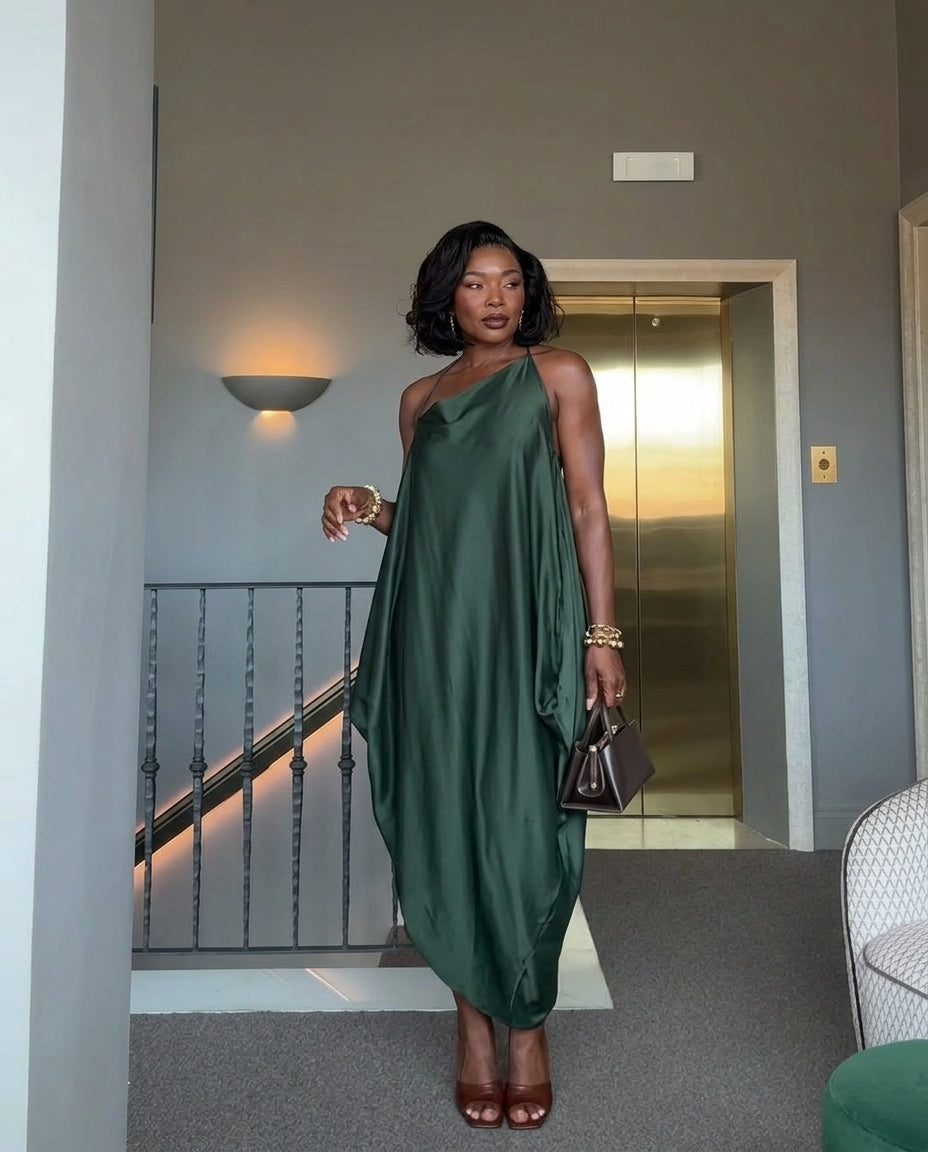 Dark Green Velvet Resort Satin Maxi Dress Dark Green Maxi Dress with Asymmetric silhouette and Satin texture, editorial ecommerce scene for Resort Wear, a gallery opening in Paris, Euro Chic Premium by Massicos