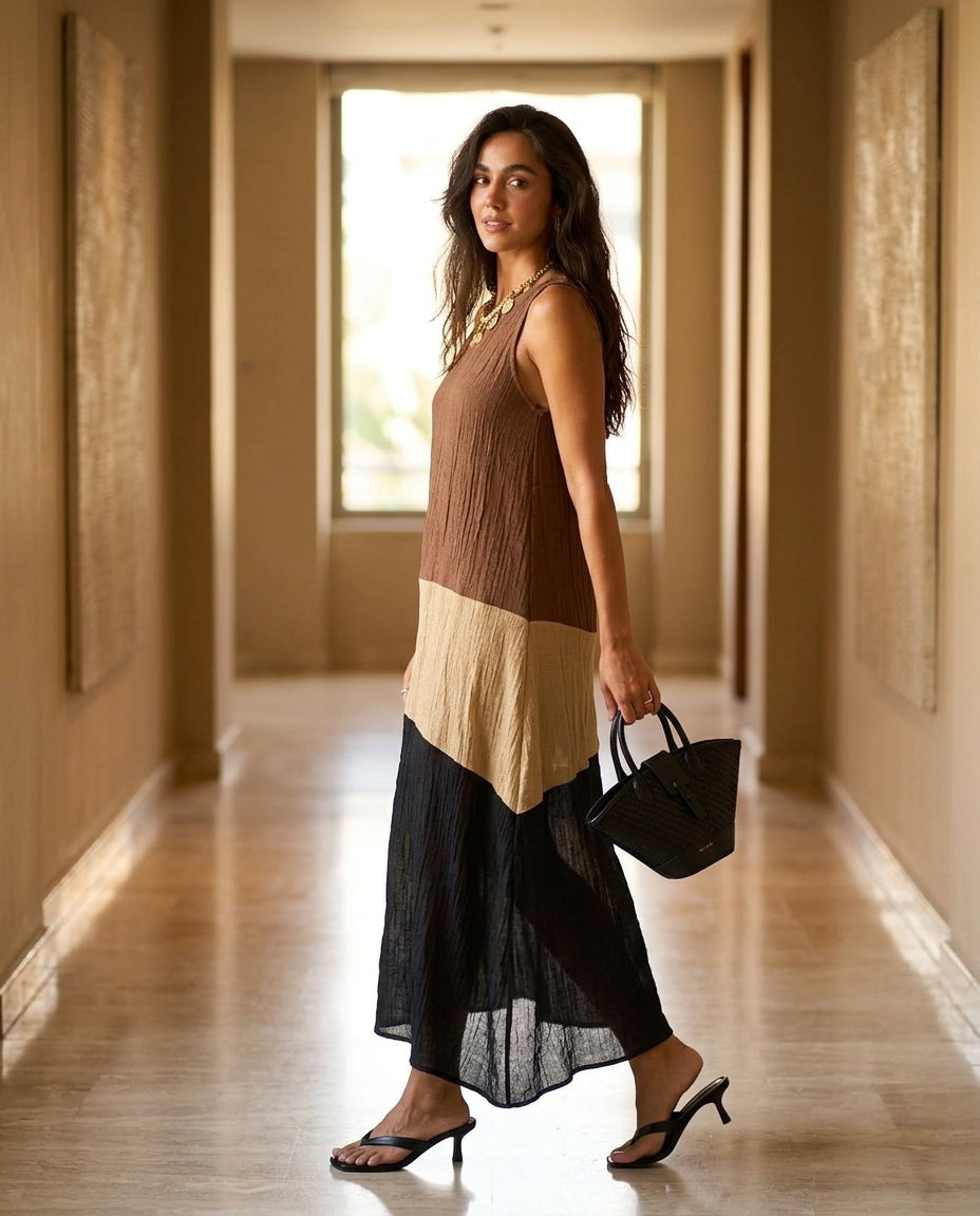 Brown Charm Resort Textured Maxi Dress Brown Maxi Dress with Asymmetric silhouette and Textured texture, editorial ecommerce scene for Resort Wear, an estate dinner at golden hour, US East / Hamptons Elite by Massicos