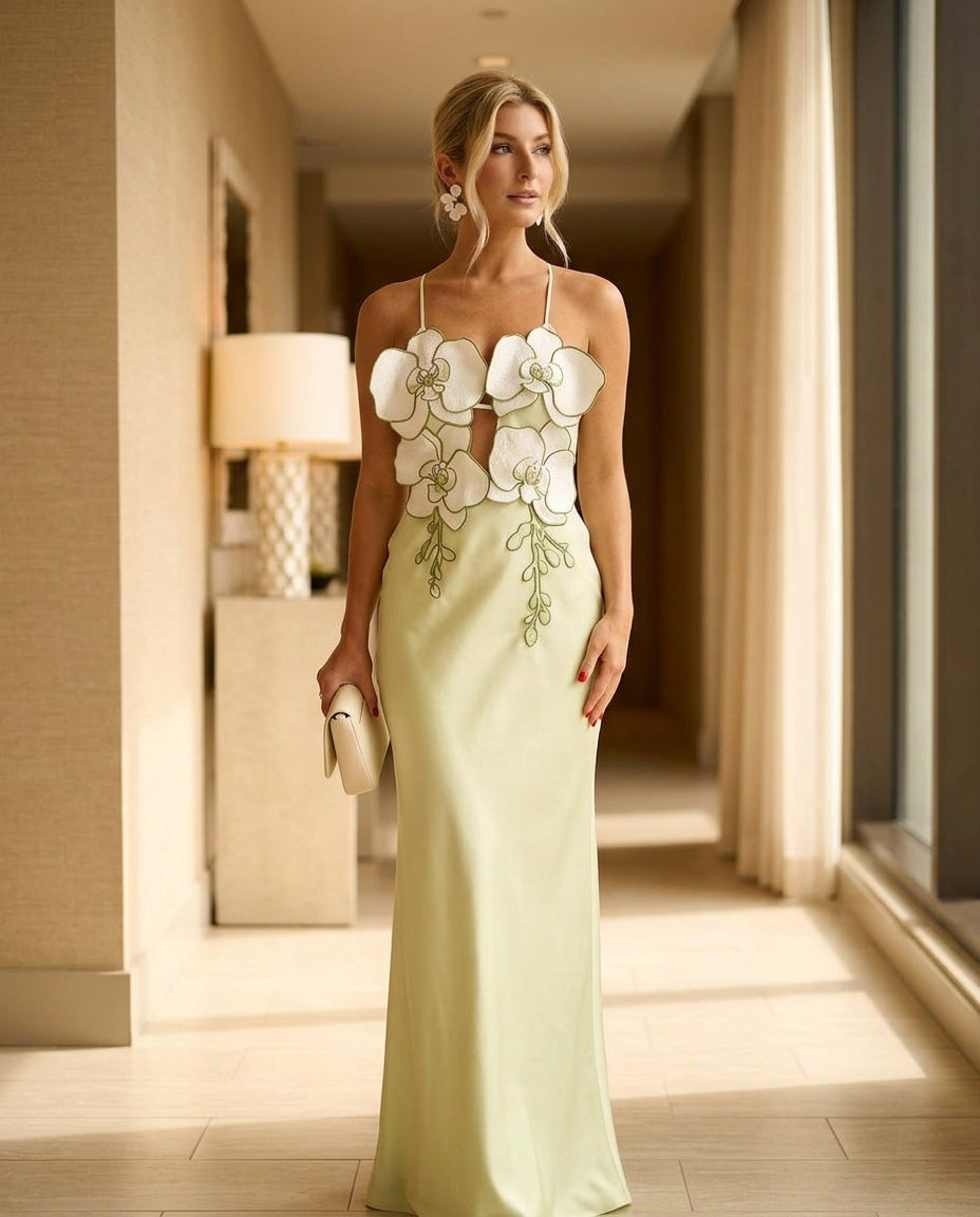Light Green Allure Evening Floral Maxi Dress Light Green Maxi Dress with Relaxed Fit silhouette and Textured texture, editorial ecommerce scene for Date Night, a rooftop dinner in LA, US Coastal Glam by Massicos