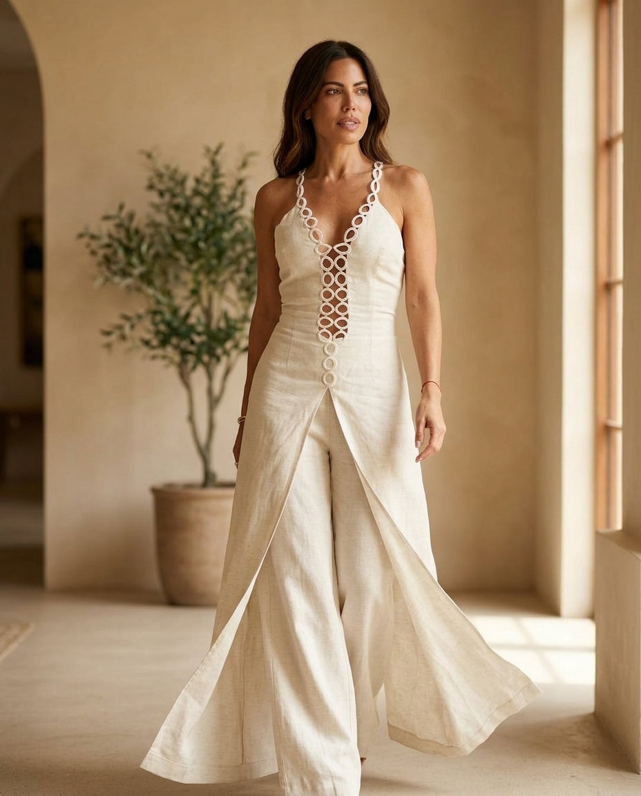 Ivory Glow Summer Linen Romper Ivory Romper with Wide-Leg silhouette and Linen Blend texture, editorial ecommerce scene for Vacation Night, a Palm Springs weekend, US Coastal Glam by Massicos