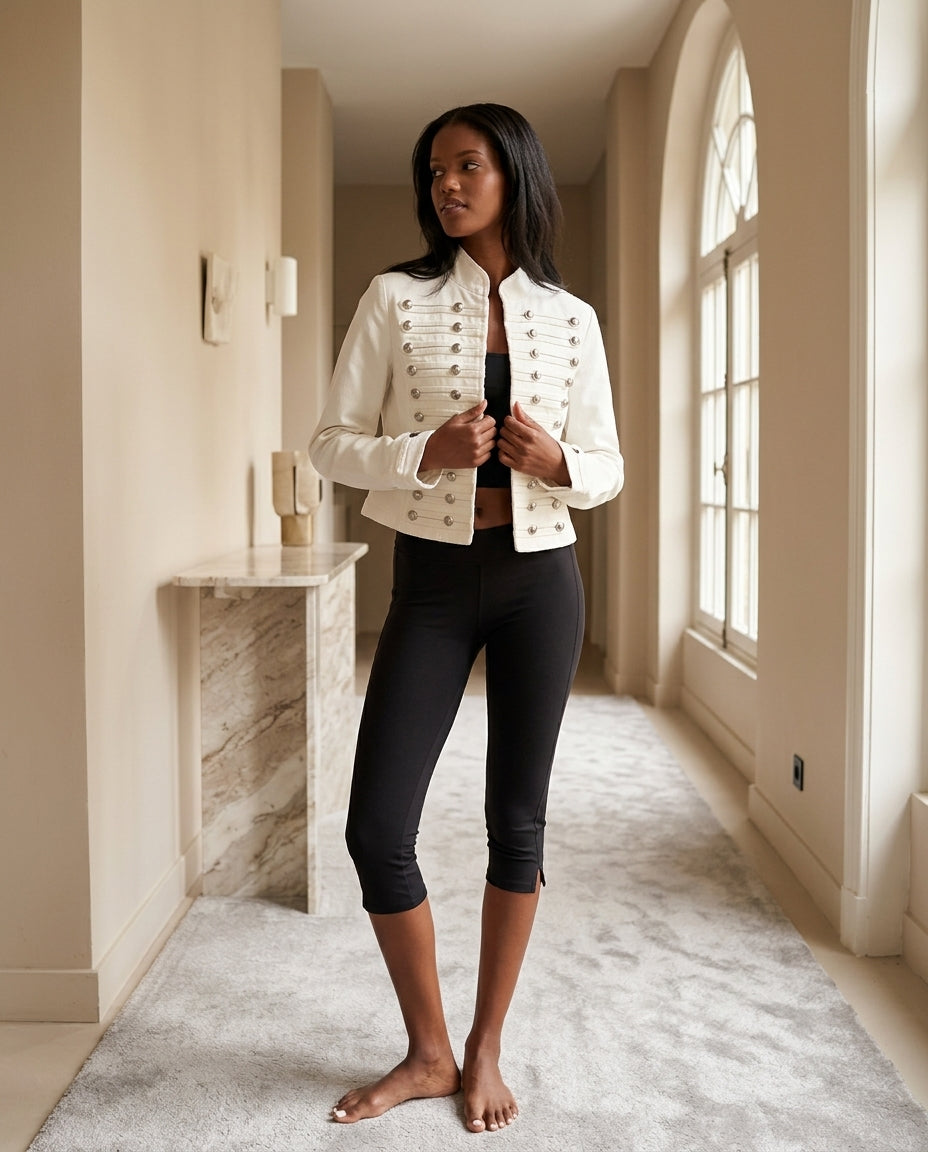 Ivory Grace Summer Textured Jacket Ivory Jacket with Tailored silhouette and Textured texture, editorial ecommerce scene for Business Casual, Evening in Amalfi, Euro Chic Premium by Massicos
