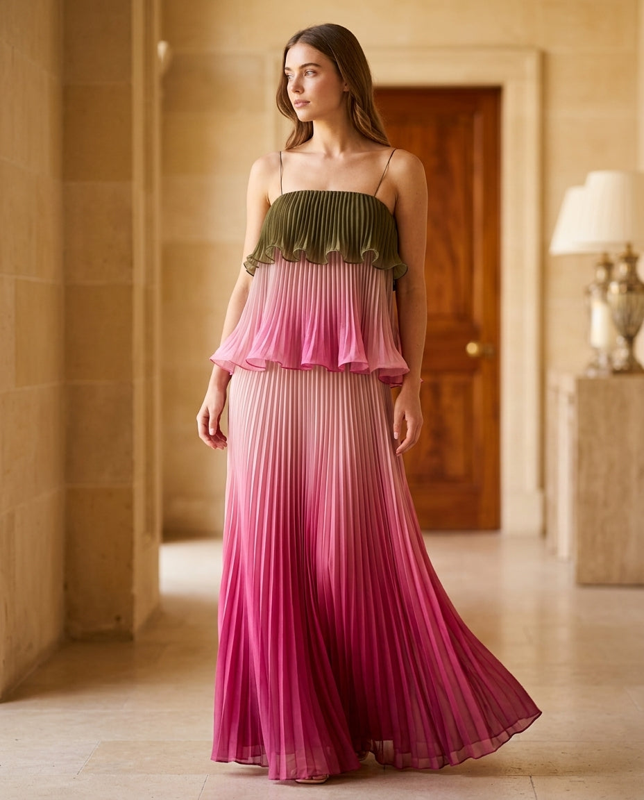 Pink Solace Summer Pleated Maxi Dress Pink Maxi Dress with Relaxed Fit silhouette and Textured texture, editorial ecommerce scene for Garden Party, a polished coastal brunch, US East / Hamptons Elite by Massicos