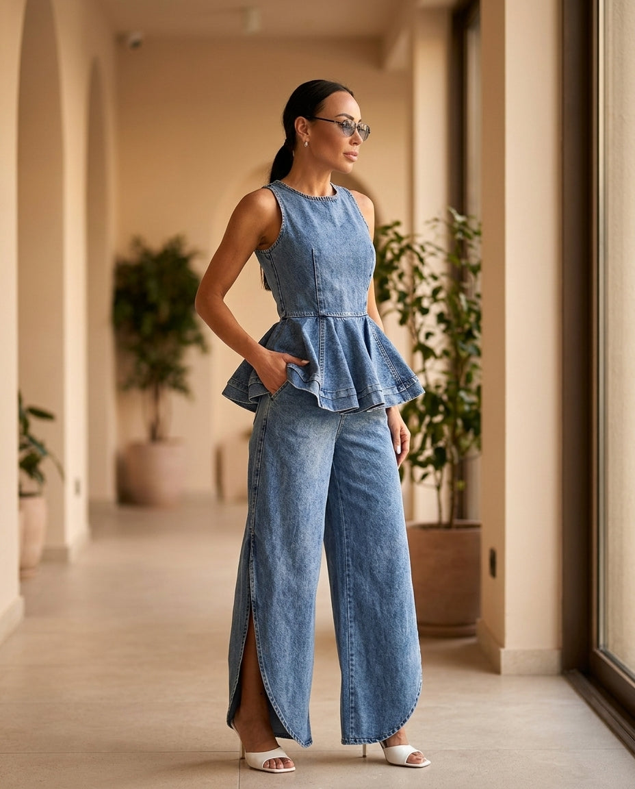 Denim Blue Bloom Summer Denim Pant Set Denim Blue Pant Set with Asymmetric silhouette and Textured texture, editorial ecommerce scene for Weekend Escape, Brunch in SoHo, US Coastal Glam by Massicos