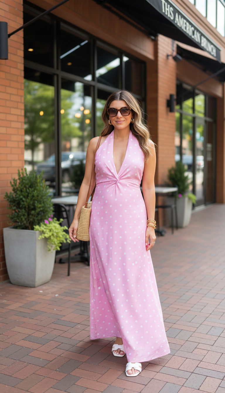 Pink Polka Dot Print Halter Twist Front Maxi Dress product image 6