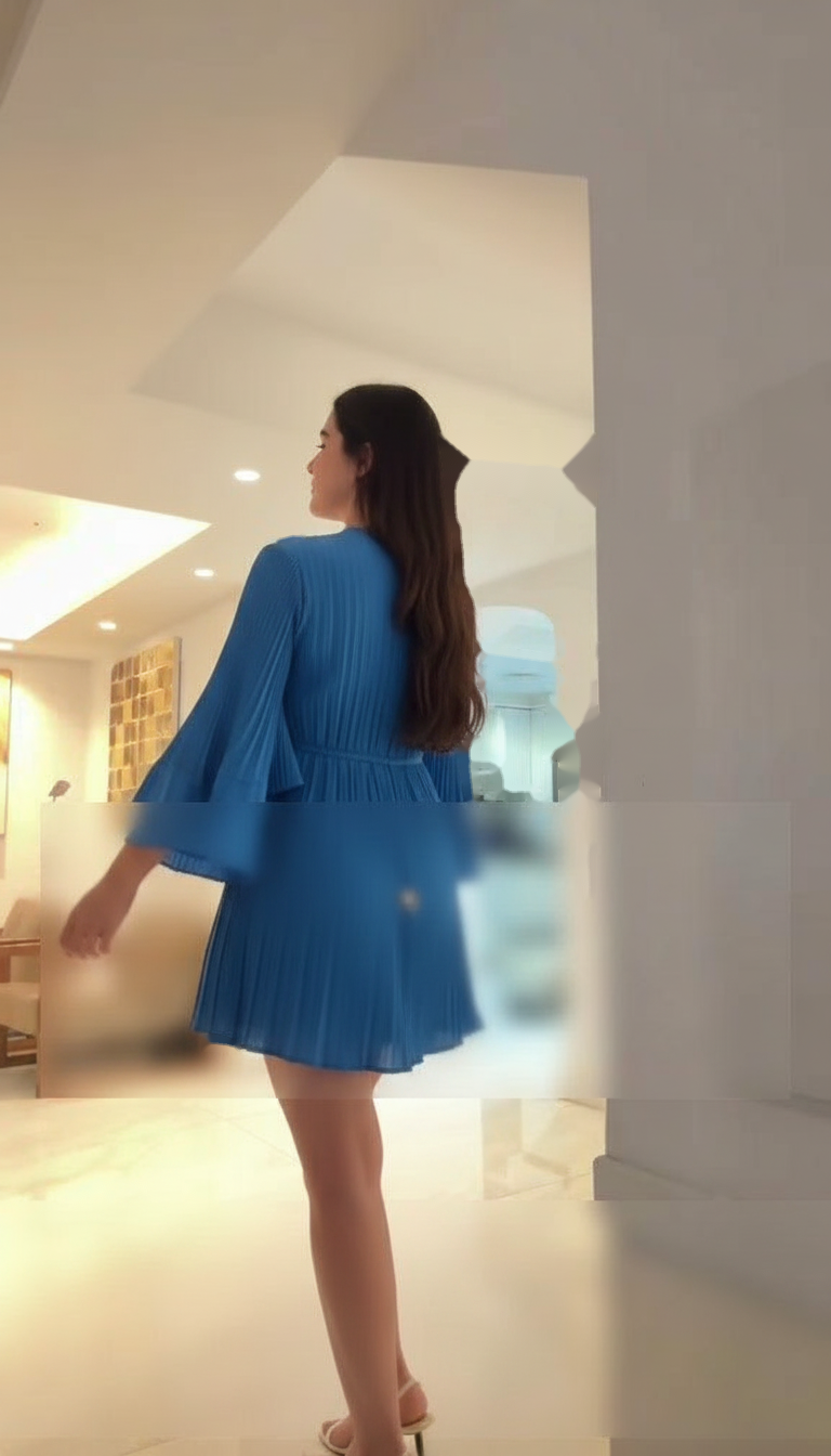 Blue V-Neck Pleated Button Details Mini Dress product image 6
