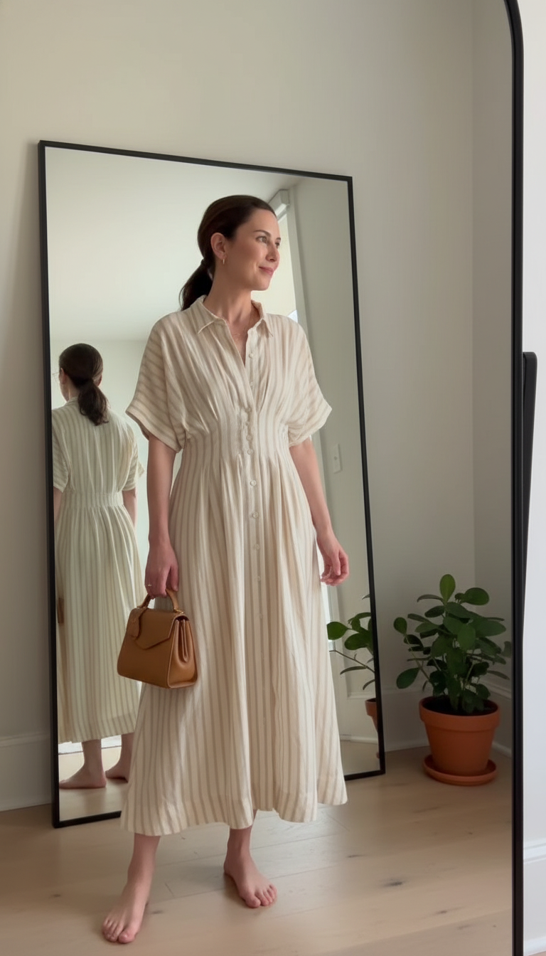 Beige Striped Button Front Pockets Midi Dress product image 6