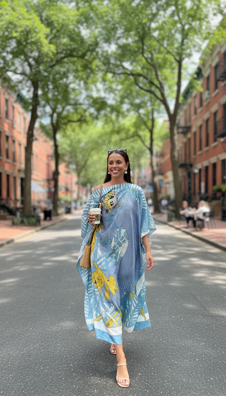 Blue Abstract Print Silk Asymmetric Neckline Kaftan Dress product image 6