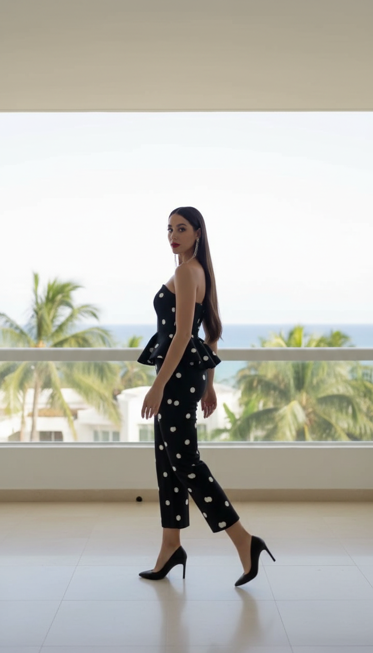 Black Polka Dot Print Cropped Peplum Top Pant Set product image 6