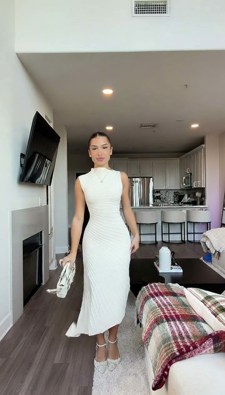 White Ribbed Texture Midi Dress product image 6