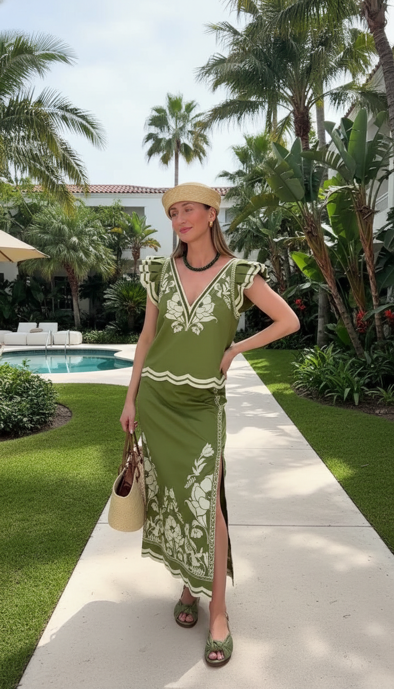 Green Floral V-Neck Ruffle Skirt Set product image 6