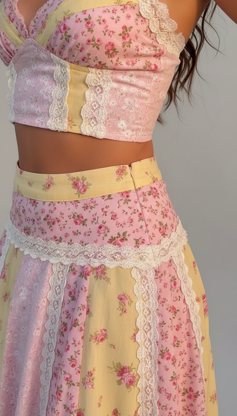 Pink Floral V-Neck Lace Skirt Set product image 6