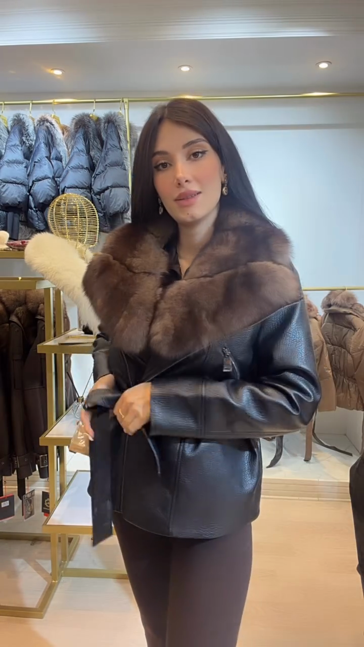 Brown fur-trimmed leather belt jacket