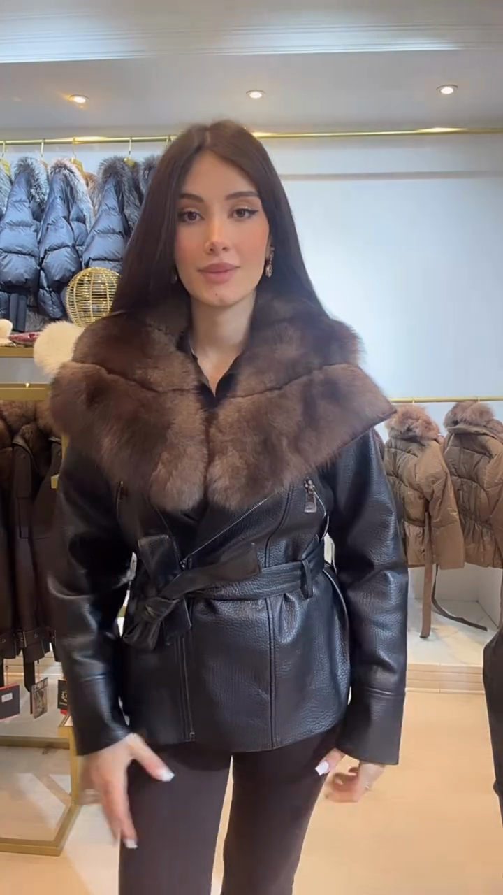 Brown fur-trimmed leather belt jacket