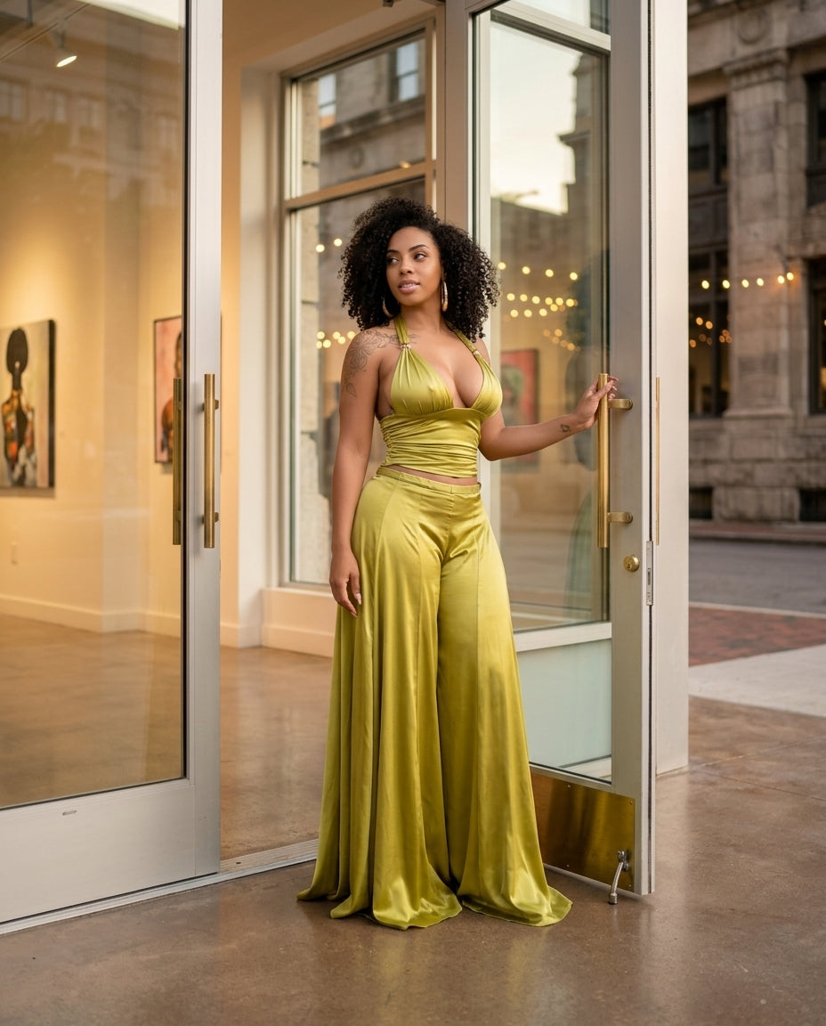 Olive Green Whisper Wedding Guest Satin Jumpsuit Olive Green Jumpsuit with Wide-Leg silhouette and Satin texture, fabric and construction detail for Wedding Guest, a gallery evening, Fall current summer selling first with a light late-summer/pre-fall acce by Massicos