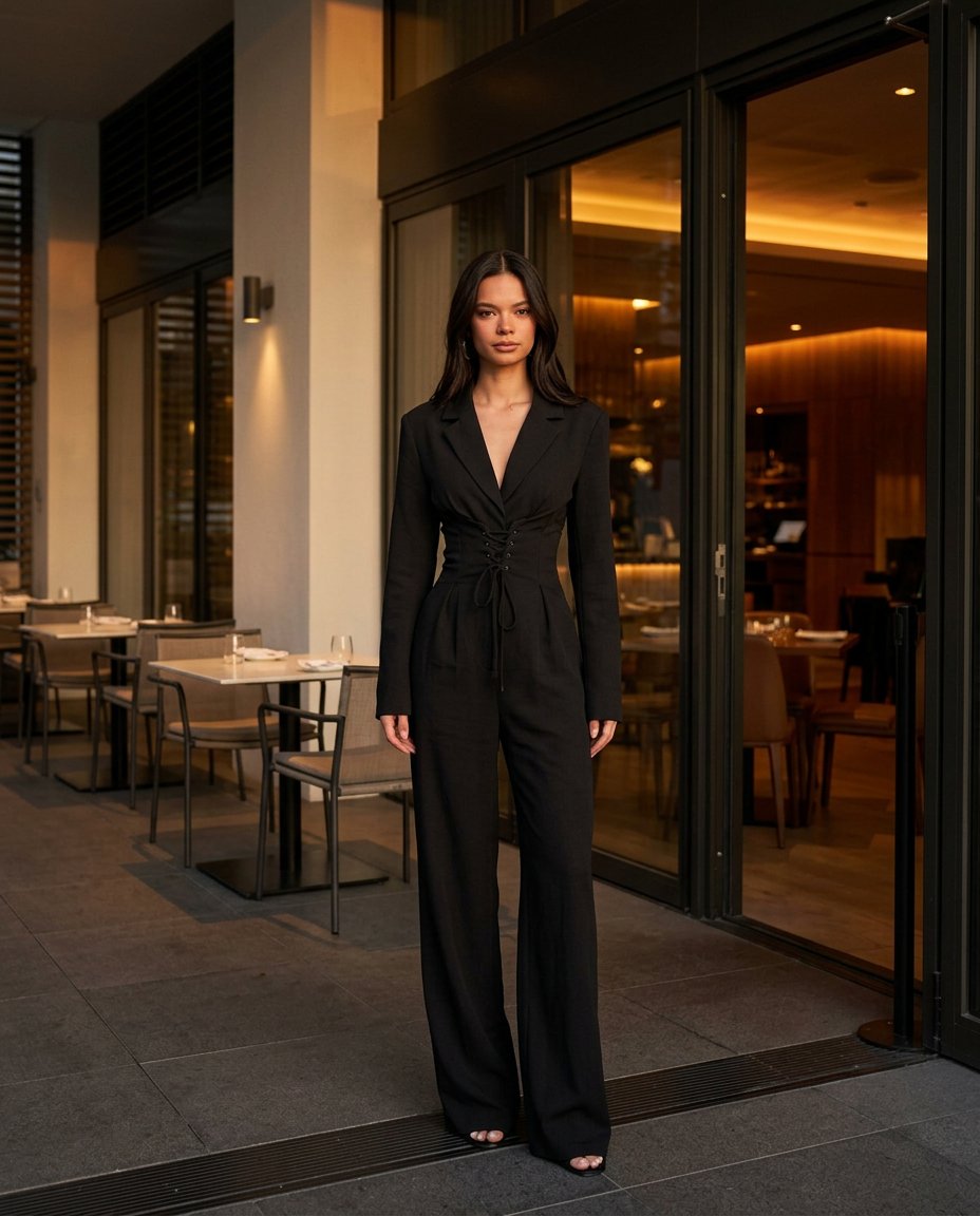 Black Bloom Wedding Guest Textured Jumpsuit Black Jumpsuit with Wide-Leg silhouette and Textured texture, fabric and construction detail for Wedding Guest, a cafe plan, Fall current summer selling first with a light late-summer/pre-fall accent: make it we by Massicos