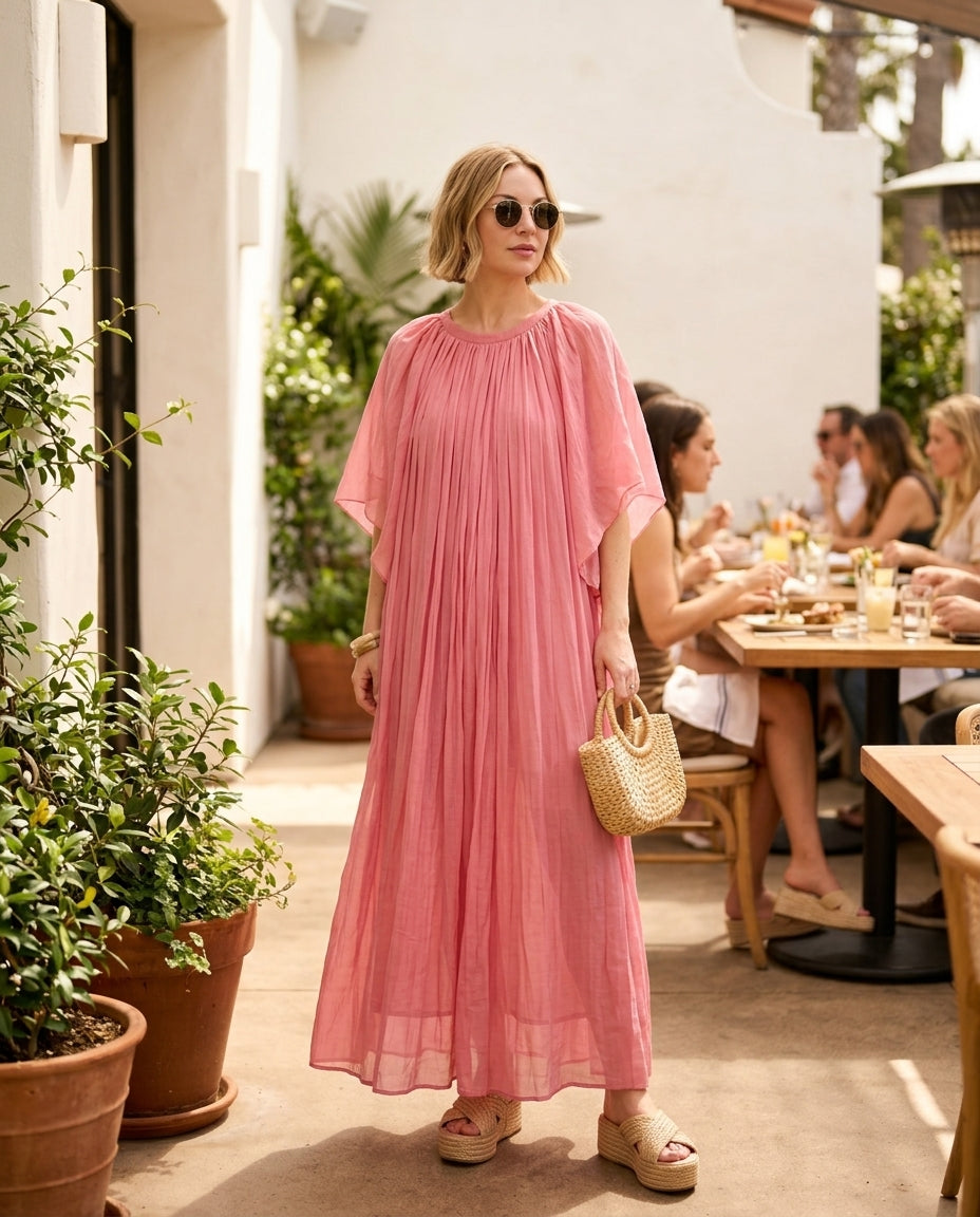 Pink Bloom Summer Pleated Maxi Dress Pink Maxi Dress with Asymmetric silhouette and Textured texture, fabric and construction detail for Wedding Guest, a private garden lunch, US East / Hamptons Elite by Massicos