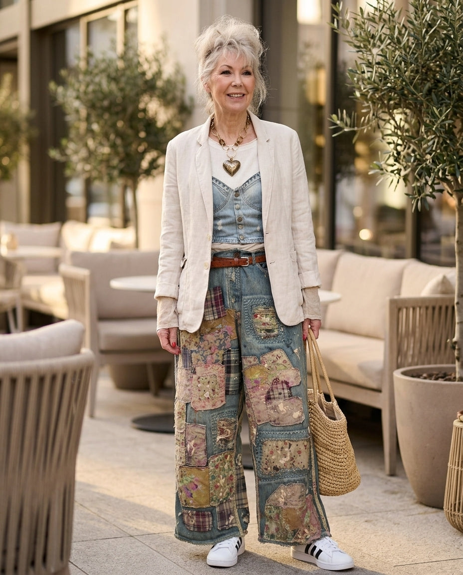Denim Poise Summer Floral Pants Denim Pants with Wide-Leg silhouette and Textured texture, fabric and construction detail for Business Casual, a Palm Springs weekend, US Coastal Glam by Massicos