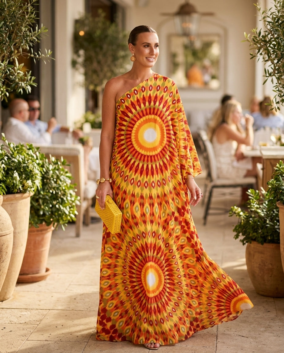Butter Yellow Reverie Resort Printed Maxi Dress Butter Yellow Maxi Dress with Asymmetric silhouette and Textured texture, fabric and construction detail for Resort Wear, a rooftop dinner in LA, US Coastal Glam by Massicos