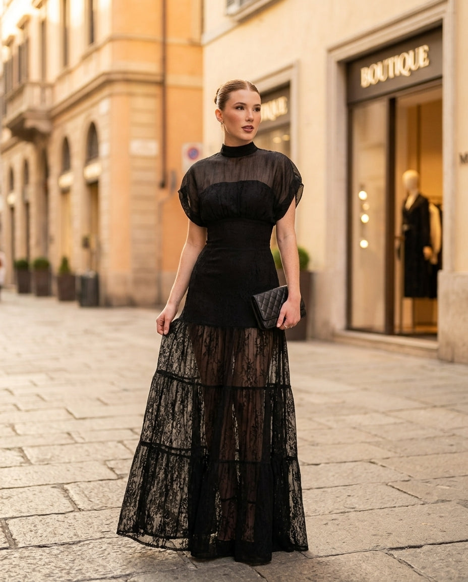 Black Charm Evening Lace Maxi Dress Black Maxi Dress with Asymmetric silhouette and Textured texture, fabric and construction detail for Date Night, a Palm Springs weekend, US Coastal Glam by Massicos