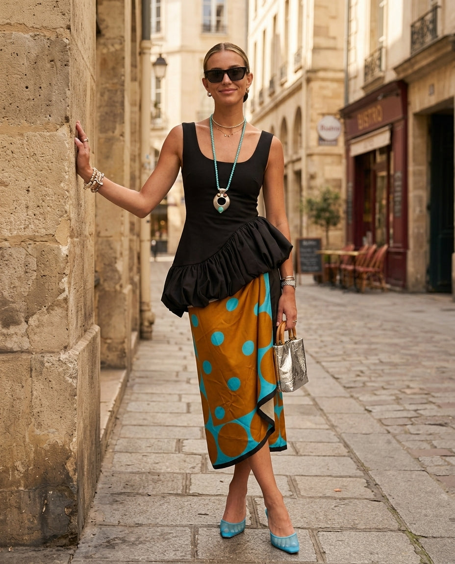 Black Allure Summer Polka Dot Skirt Set Black Skirt Set with Relaxed Fit silhouette and Textured texture, fabric and construction detail for Vacation Set, a gallery opening in Paris, Euro Chic Premium by Massicos